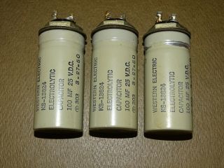 3 Western Electric KS 13824 Filter Capacitors,  100 MFD,  25 VDC,  Good 3
