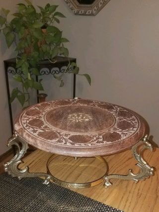 Fine Vintage Solid Brass Ornate Plant Stand W/wooden Carved Inlaid Round Top
