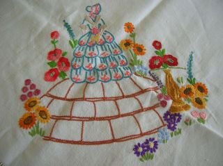 Vintage Hand Embroidered Crinoline lady Linen Table Cloth lovely 5