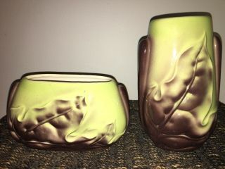 Vtg Royal Copley Vase Harmony Ceramic Pink Taupe Gray Leaf Art Deco Set