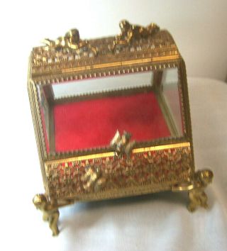Vintage Antique Gold Tone Floral Churb & Birds Metal Beveled Glass Trinket Box