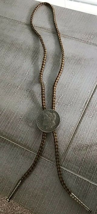 Vintage 1886 Morgan Silver Dollar Bolo Bola Tie And Cord Tips Vg