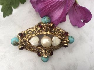 Vintage Art Deco Grand Bohemian Czech Gold Turquoise Pearl & Garnet Paste Brooch