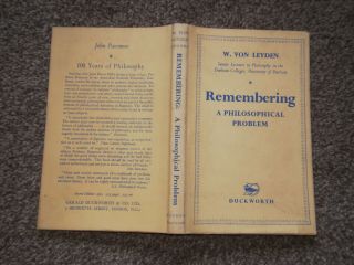 Remembering: A Philosophical Problem By Von Leyden Hb In Dw 1961