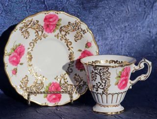 Vintage Foley Eb 1850 Fine Bone China Cup Saucer Pink Roses Gold Gilded Elegant