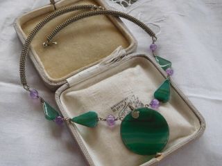 Fabulous Vintage 1960s Gren Agate And Amethyst Bead Necklace