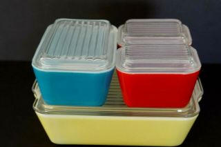 Vintage Pyrex Primary Colors 8 Pc Refrigerator Dish Set -