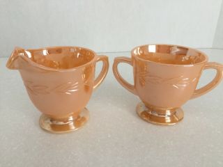 Fire - King Creamer And Sugar Bowl Set Peach Luster Laurel Pattern Vintage
