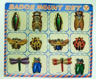 12 Vintage Japanese Tin Insect Novelty Badges On Card - B