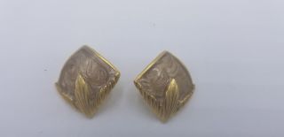 Vintage Unmarked Gold Tone With Brown Enamel Art Deco Style Pierced Earrings Euc
