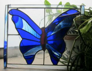 Blue Butterfly Vtg Handmade Stained Glass Art Panel Window Wall Hanging 10x13