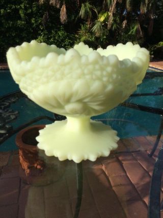 Fenton Lime Green Satin Custard Glass Compote Pedestal Dish Vintage Vaseline