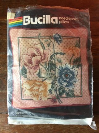 Vtg Bucilla Alexa Designs Needlepoint Pillow 14 " Floral Portrait Kit - Started