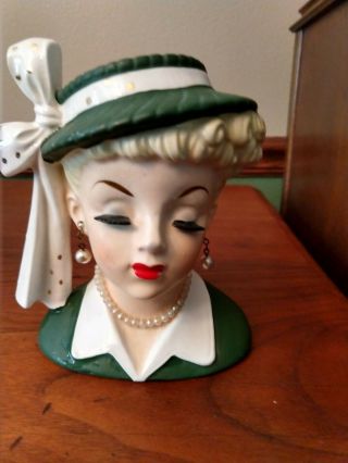 Vintage 1956 Napco Lady Headvase Planter Figurine C26338 Pearls Earrings Green