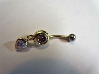 Vintage 9ct Gold & Paste Diamond Belly Button Bar - Love Heart - 1.  8g