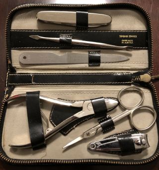 Vintage Manicure Set Made In Germany Austria Top Grain Cowhide Leather Case