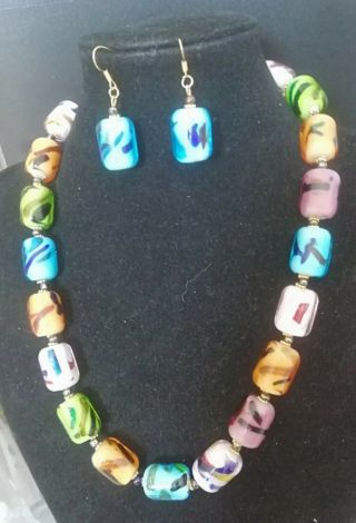 Vintage Czech Lampwork Glass Necklace And Earrings Set
