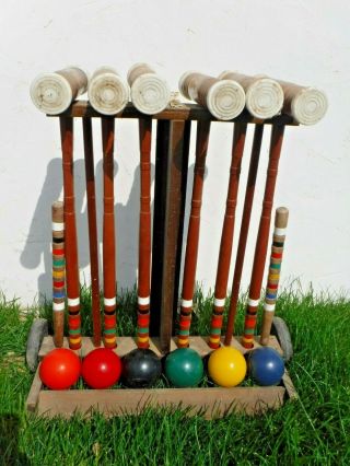 Vintage 6 Player Croquet Set Complete Wickets Stakes Balls Rolling Cart Mallets