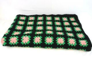 Vtg Crocheted Granny Square Afghan Blanket Bed Sofa Throw Handmade Black 60x80