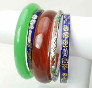 5 Vintage Cloisonne Chinese Enamel Jade Glass Agate Bangle Bracelets