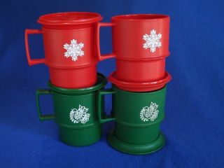 Vtg Tupperware 4 Christmas Coffee Mugs Lids Coasters Red Green Snowflake Dove