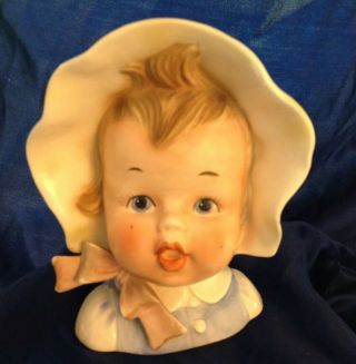 Vintage Relpo 1950s Head Vase Planter Baby Boy With Bonnet Blue Eyes K1860