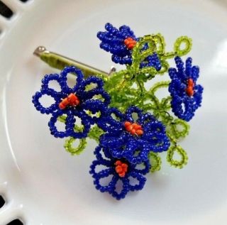 Vintage Hand Beaded Flower Bouquet Pin Brooch Glass Blue And Green Seed Beads