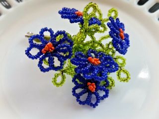 Vintage Hand Beaded Flower Bouquet Pin Brooch Glass Blue and Green Seed Beads 2