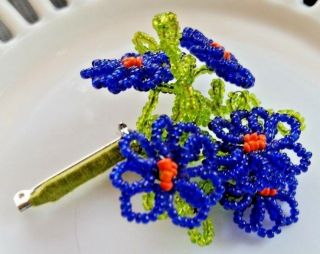 Vintage Hand Beaded Flower Bouquet Pin Brooch Glass Blue and Green Seed Beads 3