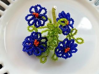 Vintage Hand Beaded Flower Bouquet Pin Brooch Glass Blue and Green Seed Beads 4