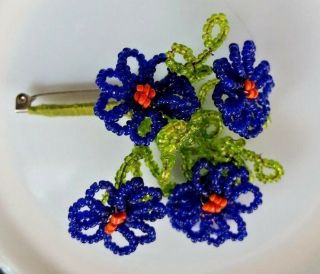 Vintage Hand Beaded Flower Bouquet Pin Brooch Glass Blue and Green Seed Beads 5