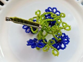 Vintage Hand Beaded Flower Bouquet Pin Brooch Glass Blue and Green Seed Beads 6