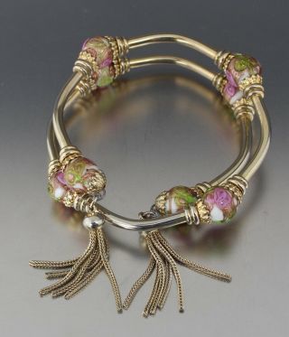Vintage 50’s Gold Tone & Art Glass Bead Memory Wire Tassel Bracelet