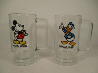 Vintage Mickey Mouse & Donald Duck Glass Handle Mugs Walt Disney Productions
