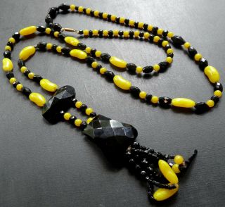 Vintage Art Deco French Jet Yellow Glass Bead Long Flapper Tassel Necklace - R24