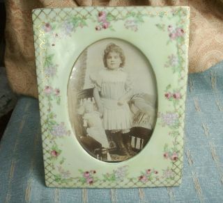 Old Vintage Porcelain Floral Photo Frame Edwardian Style Antique Girl Doll Photo 4
