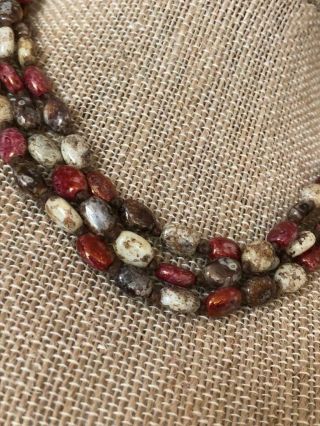 Vintage Bohemian Hand Knotted 3 Strand Picasso Glass Beaded Choker Necklace