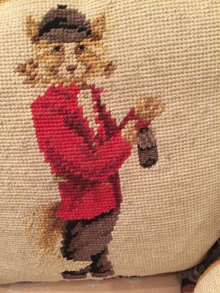 Vintage Needlepoint Pillow With Fox In Hunting Suit - Faux Fur On The Backing