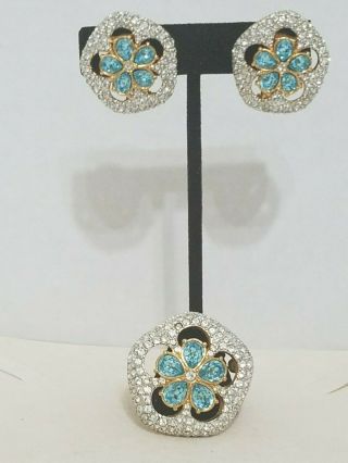 Vintage Swarovski Signed Clear & Blue Crystals Brooch & Earrings Set