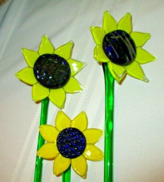 3 Vintage Blown Glass Sunflowers Flowers 20 " Murano Style