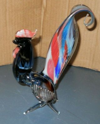 Vintage Murano Italy Glass Red White Blue Rooster Figurine Paperweight