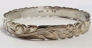 Vintage Sterling Silver Floral Etched Bangle Bracelet 7.  5 " 16.  33 Grams Solid 925