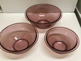 ❤️ 3 Vintage Pyrex Visionware Visions Cranberry Glass Nesting Mixing Bowl Set ❤️