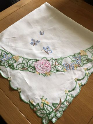 Vintage Hand Embroidered Linen Tablecloth - Butterflies & Flowers