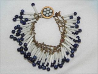 Vintage Art Deco Blue Lapis Stone Milk Glass Bead 3 Strand 7 " Charm Bracelet