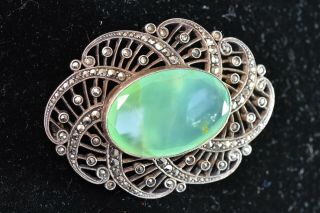 Vintage.  935 Silver Brooch With Marcasite And Faceted Green Semi - Precious Stone