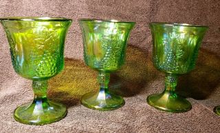 Set Of 4 Vintage Green Iridescent Carnival Glass Goblets Harvest Grape Indiana