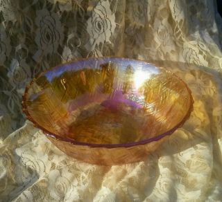 Vtg Carnival Glass Bowl In Basket Weave Pattern Amber Iridescent Glass