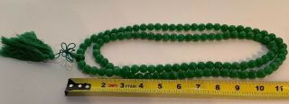 Vintage Jade Green Glass Hand Tied Bead Necklace W/ Gold Tone Leaf Clasp 25 ".  L4