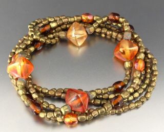 Vintage 80’s Gold Tone,  Orange & Brown Glass Bead Stretch Bracelet